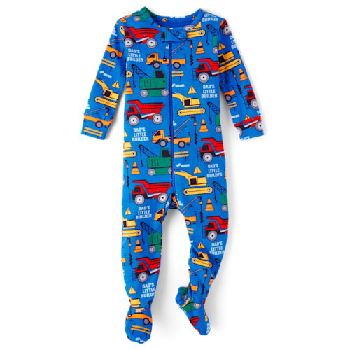 Baby And Toddler Boys Construction Vehicle Snug Fit Cotton Footed One Piece Pajamas - Blue