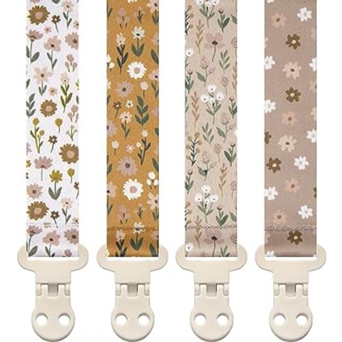 Baby Pacifier Clip Holder - Girl or Boy Unisex 4 Pack Gift Set – Boho Modern Neutral Floral Beige Yellow Brown Colors (Flora)
