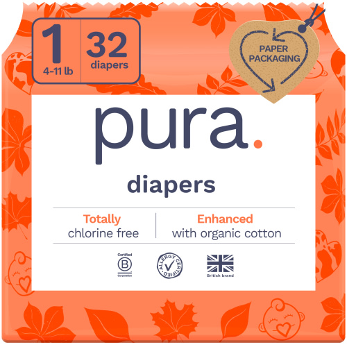 Pura Sensitive Soft Sustainable Baby Diapers Size 1, 32 Count (Choose Your Size and Count)