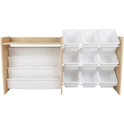 Humble Crew Toy Storage Organizer with Book Shelf and Top Shelf, 9 Removable Storage Bins for Kids Playroom, Toy Organization, Solid Wood, Natural/White