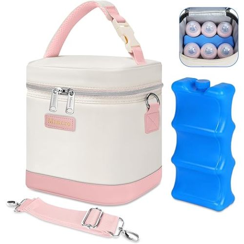 Mancro Breast Milk Cooler Bag with Ice Pack, Baby Bottle Bag Holds 6 Bottles Up to 9oz, Leak-Proof Insulated Storage for Nursing Moms, Daycare or Travel, Pink & Beige