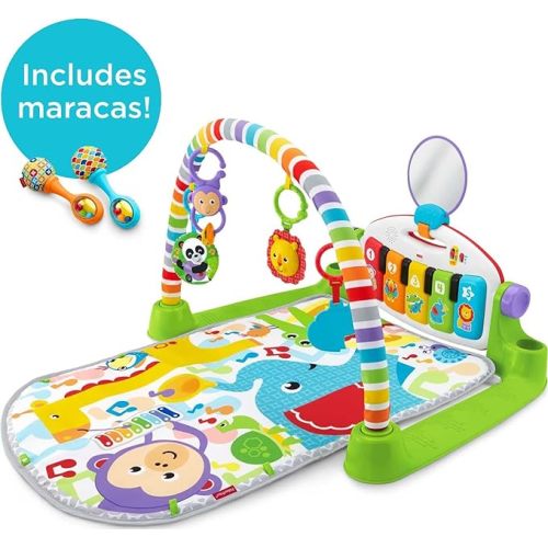 Fisher-Price Baby Playmat Deluxe Kick & Play Piano Gym & Maracas with Smart Stages Learning Content, 5 Linkable Toys & 2 Soft Rattles - Green + Maracas