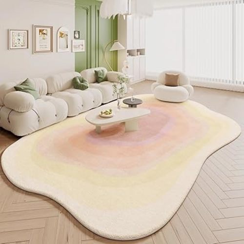 Pastel Yellow Cream Pink Irregular Area Rug 5x7 Modern Abstract Irregular Shaped Rug for Living Room Bedroom Guestroom Unique Designer Machine Washable Ultra Soft Carpet Boho Home Office Floor Mat