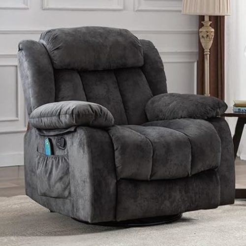 INZOY Massage Swivel Rocker Recliner with Heat and Vibration, Manual Rocking Recliner Chair with Vibrating Massage, Comfy Padded Overstuffed Soft Fabric Heated Recliner, Grey