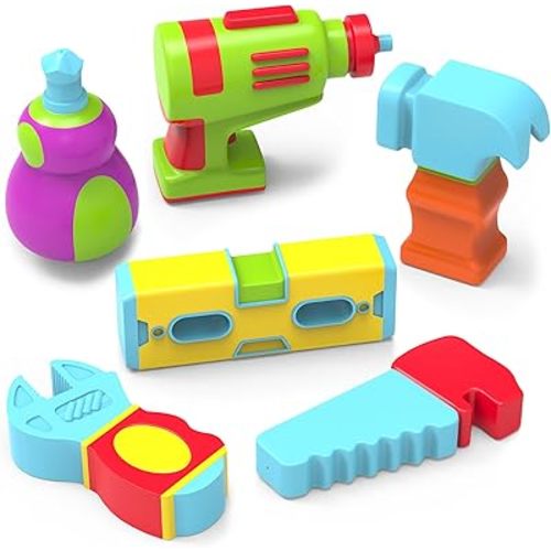 Tub Works® Tools™ Mold Free Bath Toys, 6 Pack | Sealed, No Hole Bath Toys Design Keeps Moisture Out | Soft, Squeezable & Float on Water | Easy-Grip Baby & Toddler Bath Toys | Fun Tools Kids Bath Toys