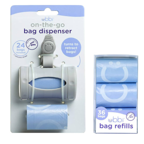 Ubbi On-the-Go Gray Bag Dispenser and Waste Disposal Bags Refill, 60 Lavender Scented Diaper Bags, Baby Savings Bundle, New Parent Gift