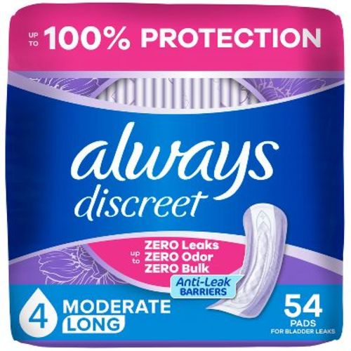 Always Discreet Moderate Long Absorbency 4 Drop Base Pads - 54ct