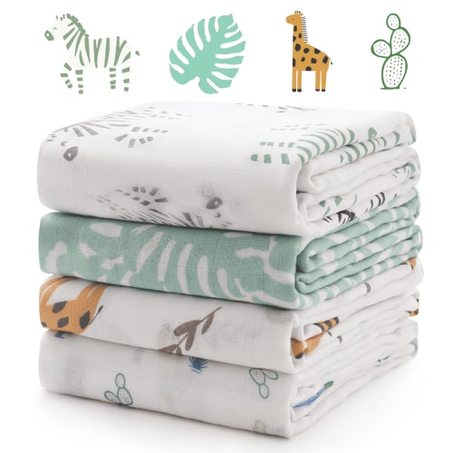 Momcozy Muslin Swaddle Blankets, 4 Pack, Breathable 2-Layer Gauze Large 47'' x 47'' Baby Swaddling Receiving Blanket Wraps for Newborn Boys Girls, Bravery