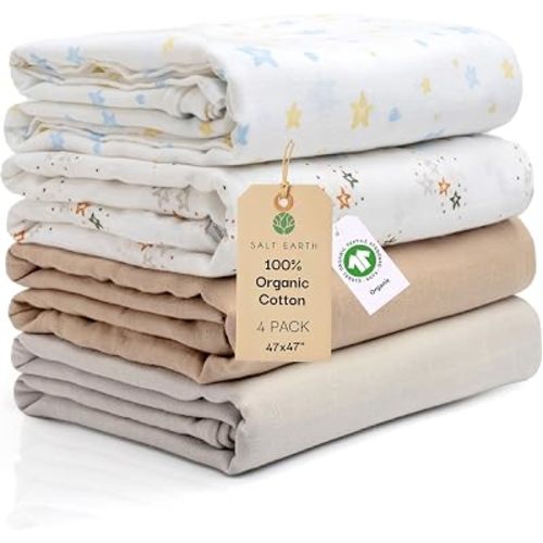 GOTS Certified 100% Organic Cotton 2-Layered Swaddle Baby Blanket, 4 Pack, 47"x 47" Receiving Blankets for Swaddling, Wrap for Boy & Girl, Newborn Baby Essentials, Registry (Solids & Stars)