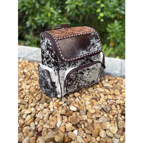 SALE LARGE Western tooled Genuine Cowhide and leather Mama backpack with turquoise / diaper bag. Mama cowhide backpack. Consealed carry