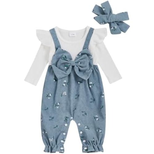 Newborn Baby Girl Clothes Ruffle Sleeve Jumpsuit Corduroy Floral Romper+Headband Cute Fall Winter One Piece Outfit
