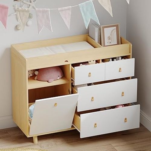 Baby Changing Table Dresser with 5 Drawers, Baby Nursery Dresser with Tilt Out Laundry Basket, Infant Changing Station Organizer for Nursery and Bedroom, Wood Color (45" W x 18" D x 37" H)