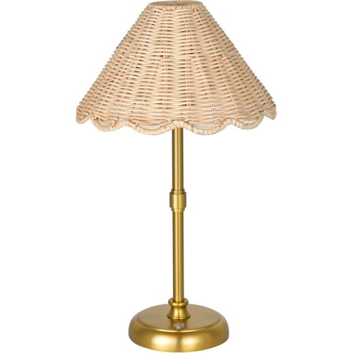 Cordless Boho Rattan Table lamp, 5200-mAh Rechargeable Battery, 3-level Brightness Dimmable, Build-in Integrated LED 320 Lumen Max, Rattan Shade, for Bedside Restaurant Resort Hotel Dining Table