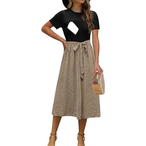 Women Nursing Dress Short Sleeve Floral Patchwork Ribbed Pregnancy Tie Waist Work Outfits Summer