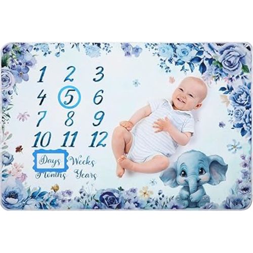 Elephant Baby Monthly Milestone Blanket, 60 x 40 Inch Soft Flannel Baby Blanket with Baby Bib Marker Frames for Newborn Baby Boy Monthly Photo Background Decor