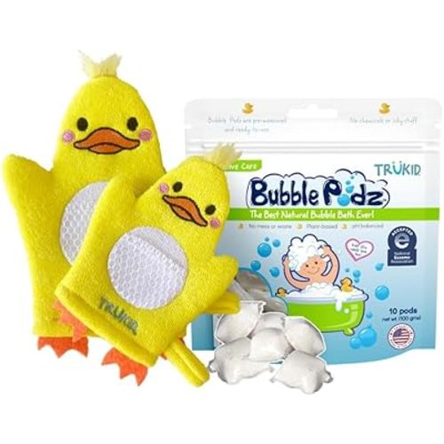 TruKid Bubble Podz & BubbleGlove Bundle - Includes Bubble Bath Pods Unscented 10ct & 2-Set of Bath Wash Gloves for Parent & Child, Baby Bath Essentials, Gentle for Sensitive Skin of Kids, Toddlers