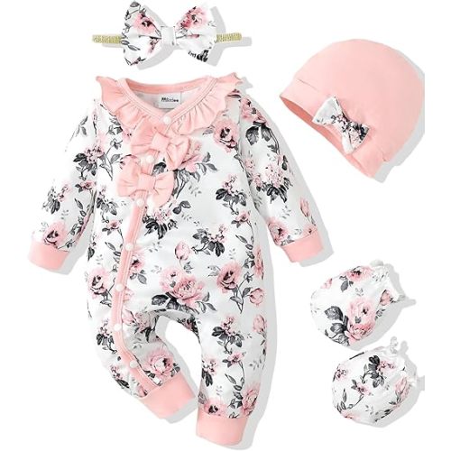 Mikrdoo Newborn Infant Baby Girl Clothes Fall Winter Outfits Long Sleeve Zipper Rompers with Headband