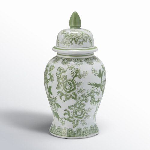 Birch Lane™ Elegant Green and White Bird and Flower Temple Chinoiserie Jar & Reviews | Wayfair