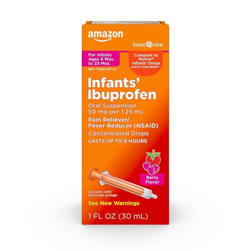 Amazon Basic Care Infants' Ibuprofen Oral Suspension Drops, 50 mg per 1.25 mL, Berry Flavor, For Minor Aches and Pains, Sore Throat, Headache Relief and More, 1 fl oz (Pack of 1)