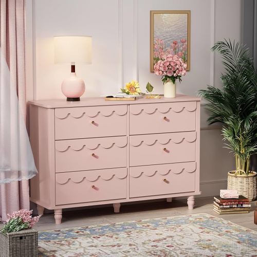 Anbuy Pink Scalloped Nursery Chests and Nursery Chests and Dresser for Kids Bedroom Wood 6 Drawer Dresser, Dressers & Chests of Drawers with Metal Handles for Bedroom, Nursery, Hallway
