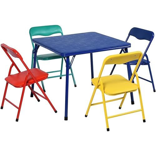 FurnitureR Kids 5-Piece Folding Square Table and Chair Set, Toddler Dining/Studying/Playing/Drawing Set Ideal for Daycare and Classrooms, Children's Activity Set, Multi-Color