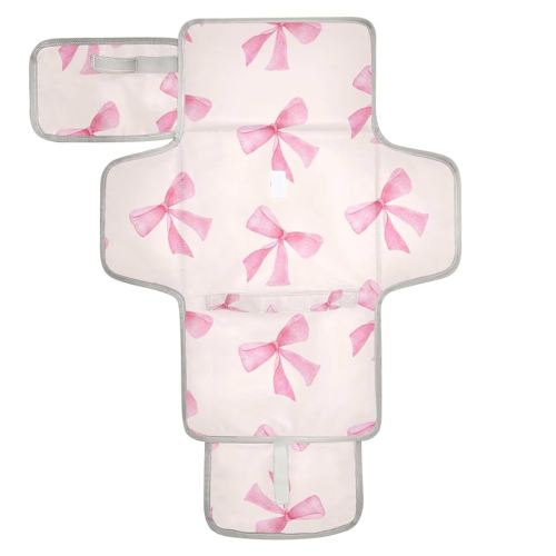Pink Bow Geometric Baby Changing Pad - Waterproof Diaper Changing Pad with Built-in Pillow - Portable Travel Changing Mat for Newborn Girl & Boy