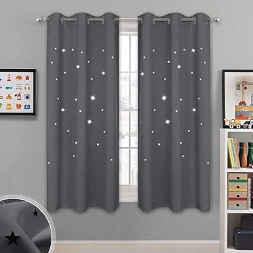 NICETOWN Blackout Star Curtains for Kids - Hollow Out Star Shaped Room Darkening Window Drapes for Space Themed/Nursery/Boys Adult Room Decor (2 Panels, 42 inches Wide x 63 inches Long, Grey)