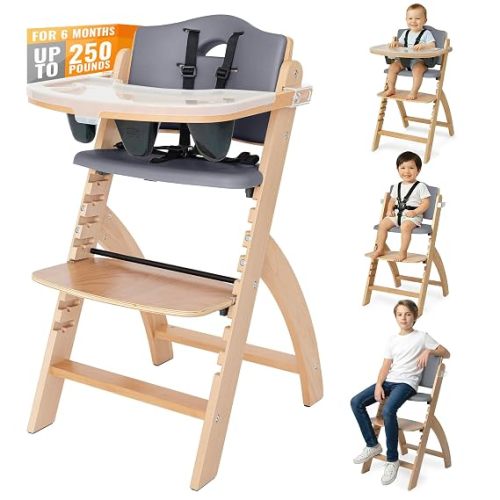 Abiie Beyond Junior Wooden High Chair with Tray - Adjustable and Convertible High Chair for Babies and Toddlers - 6 Months to 250 Lb - Water Resistant - Natural Wood with Beige Cushion