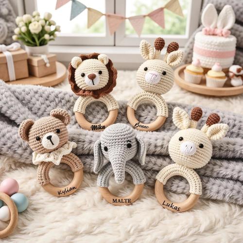 Personalized Crochet Animal Baby Keepsake Rattles – Custom Name Wooden Newborn Gift – Handmade Nursery Decor – Unique Baby Shower Gift Ideal