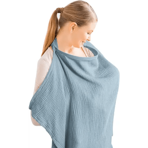 Konssy Muslin Nursing Cover for Baby Breastfeeding, Breathable 100% Cotton Breastfeeding Cover with Rigid Hoop for Mother Nursing Apron, Multi-use Carseat Canopy (Blue)