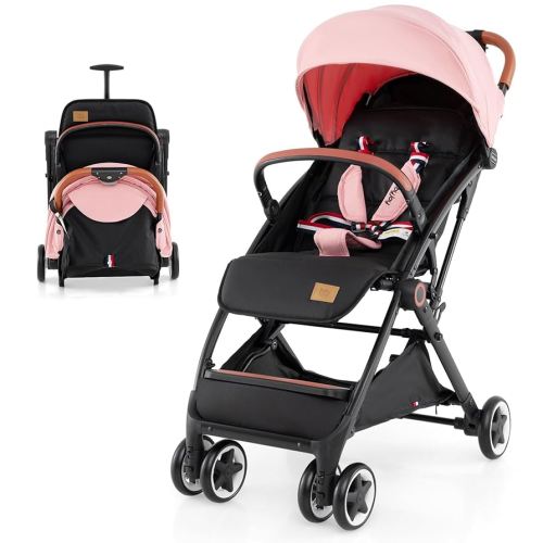 BABY JOY Lightweight Baby Stroller, Compact Toddler Travel Stroller for Airplane with 5-Point Harness, Adjustable Backrest/Footrest/Canopy, Storage Basket, Easy One-Hand Fold (Pink)