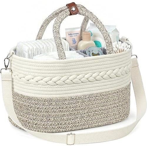 Baby Diaper Caddy Organizer With Handle, Cotton Rope Baby Shower Basket, Large Diaper Caddy with Shoulder Straps for Newborn Parents, Home and Car Travel, 14.5"x8.5"x7.5