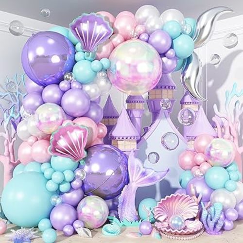 Mermaid Balloon Garland Arch Kit, Purple Teal Blue Pink Clear Latex Balloons with 22'' 4D Iridescent Round Foil Balloons, Seashell Foil Balloon for Mermaid Theme Under the Sea Birthdays Party, 126Pcs