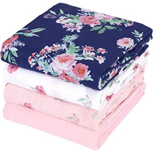 david's kids 4 Pack Baby Muslin Swaddle Blankets,100% Cotton and Ultra Soft Breathable Receiving Blanket Wrap for Girls, New Born Essentials, Large 47 x 47 inches, Floral Flowers/Pink