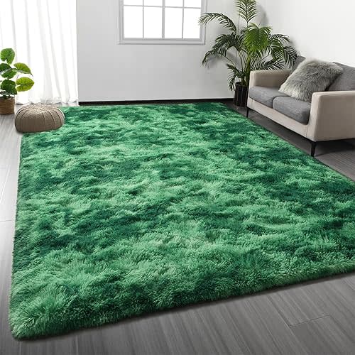 Shag Area Rug, 4 X 6 Tie-Dyed Plush Fuzzy Rugs for Living Room, Ultra Soft Fluffy Furry Rug for Bedroom, Indoor Carpet Nursery Rugs for Kids Room Home Decor, Tie-Dyed Emerald Green