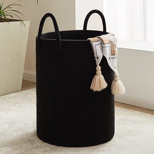 Fiona's magic Woven Rope Laundry Basket, 58L Tall Laundry Hamper for Blanket Storage, Large Baby Nursery Basket for Laundry, Decorative Clothes Hamper for Bedroom, Living Room and Bathroom, Black