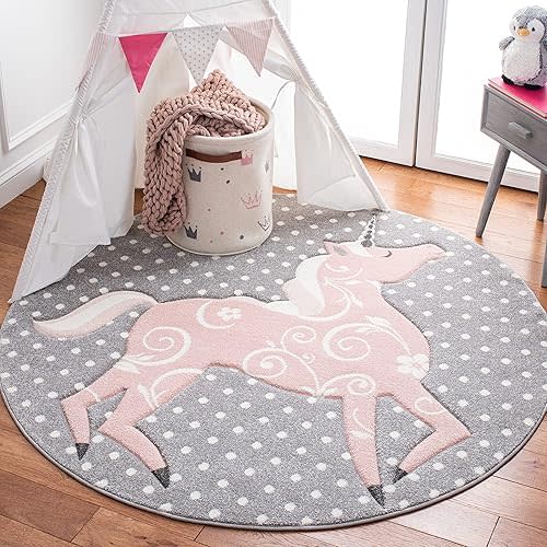 SAFAVIEH Carousel Kids Collection 3' Round Grey/Ivory/Pink CRK163G Unicorn Non-Shedding Playroom Nursery Bedroom Area Rug