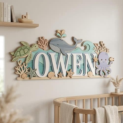 Personalized Ocean Theme Nursery Name Sign Custom Nautical Wood Baby Room Decor Sea Animal Whale Turtle Under The Sea Wall Art Above Crib Piece Newborn Gift Boy Girl Wooden Plaque Round Coastal Decoration