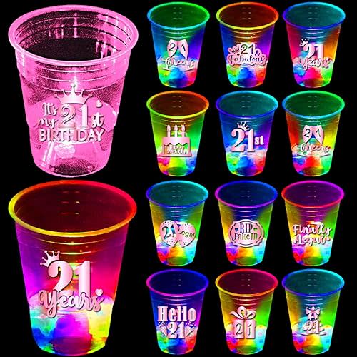 mishunyus 24 Pack 21st Birthday Party Pink Cups for Her - 16 oz Plastic Flash Cups with Rose Gold Foil Designs, Finally Legal & Happy 21" Decorations, Pink Theme