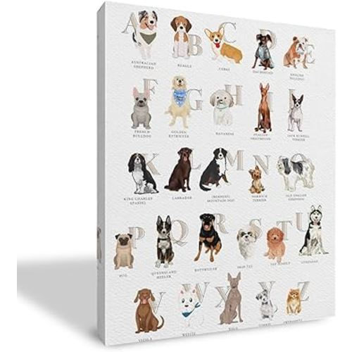 Qvapt Dog Wall Art,Dog Alphabet Framed Wall Art,Funny Dog Alphabet Canvas Wall Art Print,Dog Alphabet Artwork,Dog Alphabet Wall Decor,Dog Alphabet Artwork Wall Decor,Gifts for Dog Lovers(11x14inch)