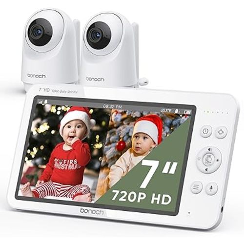 bonoch MegaView Baby Monitor with 2 Cameras, 7" 720P HD Split Screen Baby Monitor No WiFi, Video Baby Monitor with Camera and Audio, 6000mAh, VOX Mode, 2 Way Audio, Remote PTZ, Auto Night Vision