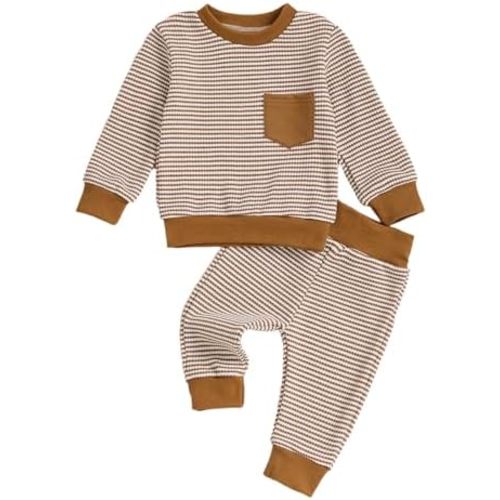 ZAXARRA Baby Boy Fall Clothes Long Sleeve Toddler Boy Waffle Sweatshirt Pullover Tops Pants Infant Fall Winter Outfits