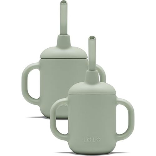 Lalo Little Cup 2-Pack, Non-Toxic Silicone Straw Cup with Handles - Baby and Toddler Sippy Cup - Mini Cup and Straw Training System, 4oz, Sage