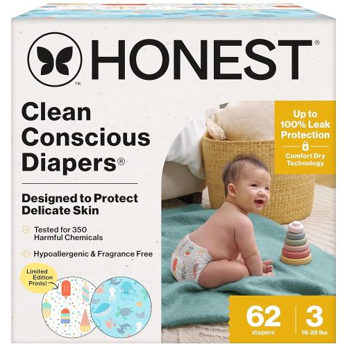 The Honest Company Clean Conscious Diapers for Sensitive Skin | Up to 100% Leakproof | Hypoallergenic, Fragrance Free | Summer '25 Limited Edition Prints | Club Box, Size 3 (16-28 lbs), 62 Count