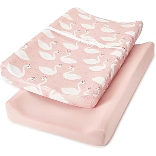 TILLYOU Changing Pad Cover Set in Soft Jersey Material - Fits 32"/34''x16 Contoured Pad for Babies, Swan Dance and Pink
