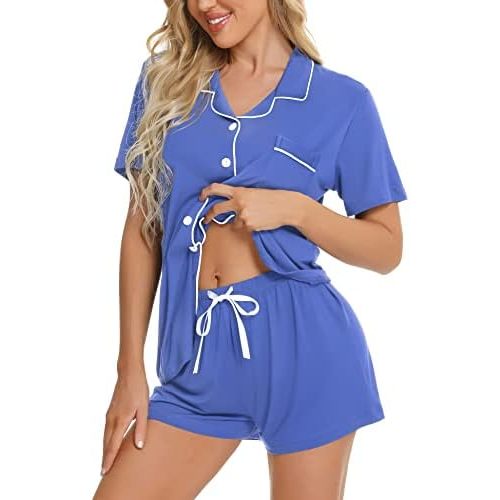 SWOMOG Womens Button Down Pajamas Set Short Sleeve Sleepwear Bride Soft Pj Lounge Sets XS-3XL