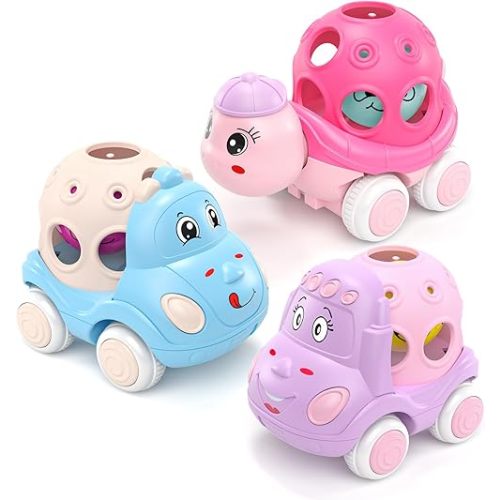 Baby Girl Toy Cars for Toddlers 1-3, Push and Go Rattle Cars for Baby Toy 6-9-12-18 Months, First Birthday Gifts for 1 2 Year Old Girls, Infant Pink Friction Truck Set