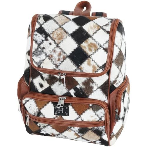 LP-FACON Western Brown Patchwork Cowhide Leather Backpack - Everyday Travel Backpack - Genuine Leather Cow Print Diaper Bag