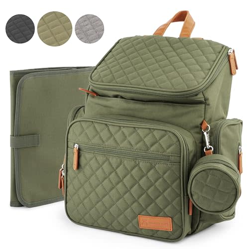 DELMAR BABY Large Diaper Backpack, for Baby, 15 pockets, unisex, modern, stylish, newborn essentials, baby gear, travel backpack, and washable Army Green