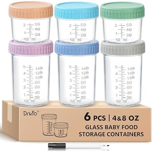 DRKIO 6 Pack Glass Baby Food Storage Containers - 4 & 8 oz Baby Food Jars with Lids Baby Food Maker Microwave Dishwasher Freezer Safe 100% Leak Proof BPA Free Reusable